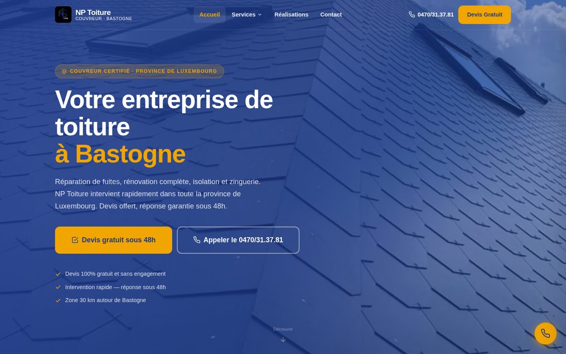 Page d'accueil du site NP Toiture